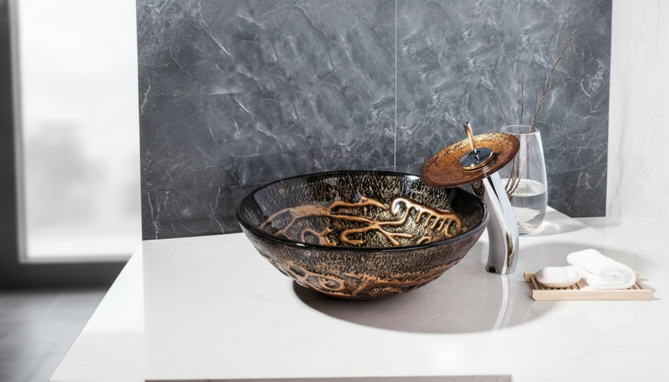 Hand-Painted Glass Vessel Sink + Chrome Faucet Set