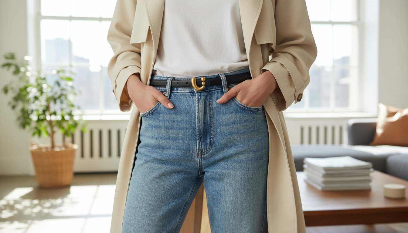Skinny Genuine Leather Belt with Retro Gold Buckle